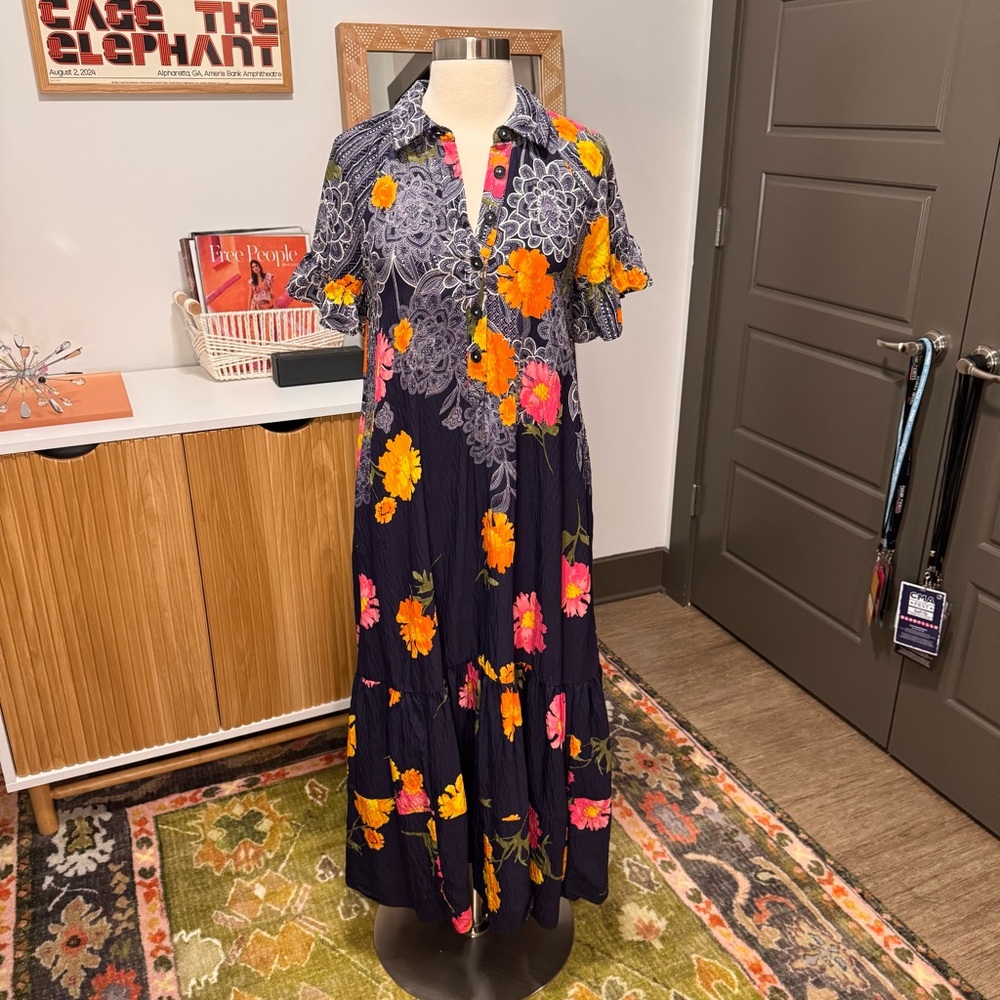 Anthropologie Floral Abstract Short Sleeve Midi Dress XXS